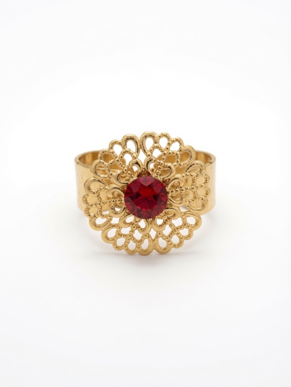 Montreal Made Adjustable Gold-Tone Filigree Crystal Statement Ring